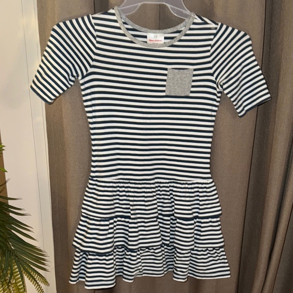 Hannah Anderson Navy Striped Kids/Girls Ruffled Dress w/Front Pocket Size 8 - Picture 1 of 16